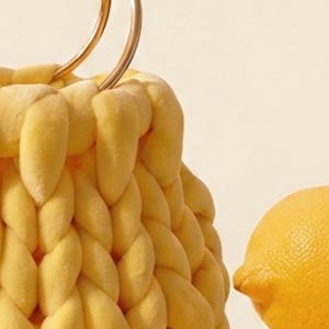 May include: A yellow, braided-style handbag with a gold handle. A fresh lemon sits on a yellow block next to the bag. The bag and lemon are set against a cream-colored background.