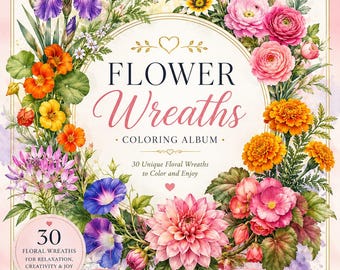 Libro para colorear de coronas florales / 30 hermosas páginas para colorear de flores + actividad extra de "Busca y encuentra" / PDF imprimible / Descarga instantánea