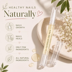 以下が含まれることがあります： ブラシチップ付きの透明なキューティクルオイルペン。「CUTICLE OIL PEN NOURISH PROTECT REVIVE」と記載されています。パッケージには「HEALTHY NAILS Naturally」の文字と、爪の成長、治癒、天然成分を示すアイコン、およびオイルの滴が描かれています。