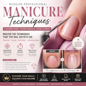 May include: An educational graphic for Russian Professional Manicure Techniques featuring a nail drill bit on a fingernail, before and after nail photos, and text detailing course benefits, learning objectives, and professional skill elevation.