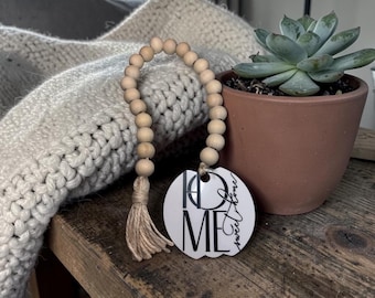 Wooden Bead Garland with "Home Sweet Home" Tag | Modern Farmhouse Tiered Tray Decor