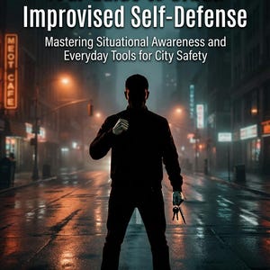 May include: Book cover for "Street Smart Survival: Your Guide to Urban Improvised Self-Defense." The image features a silhouetted figure in a city street, holding keys. The book's title and author's name are displayed prominently.
