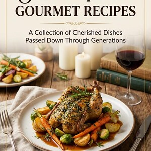 以下が含まれることがあります： 「Martineau Secret Family Gourmet Recipes」というタイトルの電子書籍の表紙。料理のコレクションが掲載されています。画像には、野菜を添えたローストチキン、赤ワインのグラス、木製のテーブルに置かれたキャンドルが写っています。著者はDarin Martineauです。