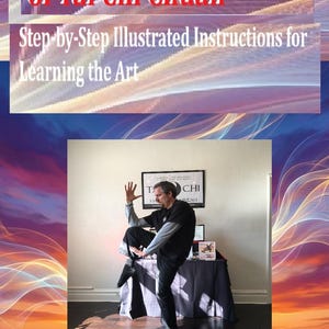 May include: Image of a book cover and a man demonstrating Tai Chi. The book title is "Unlocking The Secrets of Tai Chi Chuan". The man is wearing black trousers and a black shirt. The background is a gradient of blue, orange, and purple.