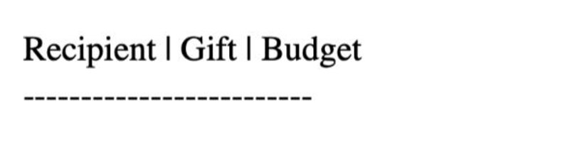 May include: White background with the text "Recipient | Gift | Budget" in a black, sans-serif font. A dashed line is below the text. The image is a simple, text-based design.