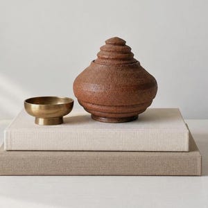 Vintage Signed Studio Pottery Lidded Jar | Textured Matte Earthy Brown Artisan Stoneware Vessel | Mid Century Organic Modern Art Pottery