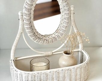 Vintage White Wicker Vanity Tabletop Mirror Basket | Cottage Chic | Boho Vanity Organizer & Bedroom Decor