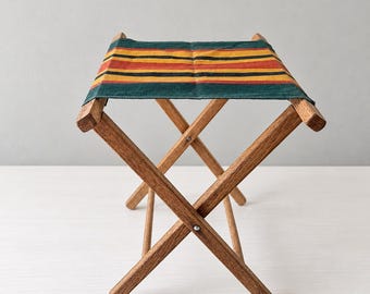 Vintage Retro Folding Camp Stool, Striped Canvas Wood Frame Camping or Fishing Seat, Outdoor Portable Seating