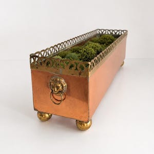 Vintage Planetware Copper Brass Footed Planter Box With Lion Head Ring Pulls | Long Rectangle Cachepot or Jardiniere | Metal Indoor Planter