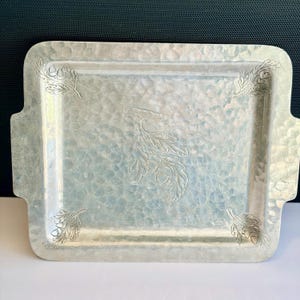 Vintage Farberware Hammered Aluminum Tray | Etched Acorn and Oak Leaf Pattern | Hand Wrought Metal Serving Platter | Mid Century Modern