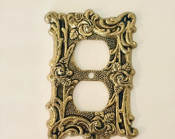 Vintage AmerTac Metal Outlet Cover Rose Floral Design | Hollywood Regency | Rococo Ornate Antiqued Gold Wall Plate Decor