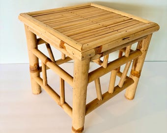 Vintage Bamboo Small Square Plant Stand | Mid Century Boho Side Table | Natural Rattan Wood Stool Footrest | Coastal Tiki Accent Furniture