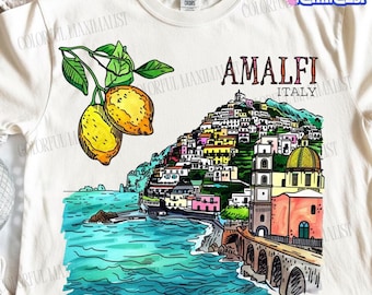 Amalfi Italy Watercolor Png| Retro Euro Summer Sublimation Design Png| Postiano Coast Graphic | Mediterranean Lemon Aesthetic Shirt File|