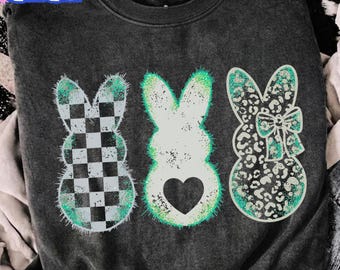 Checkered Black Grunge Easter Bunnies Distressed + Solid PNG Sublimation File, Easter Shirt Design, Easter PNG, Retro Png