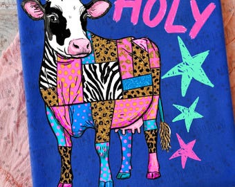 Colorful Holy Cow Png, Coquette Farm Animal Preppy Stripes Leopard Brushstroke Western Cowgirl Sublimation Design