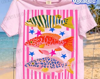 Preppy Fish Png|  Female Fishing Png | Colorful Maximalist Sublimation |Summer Vacation Png, Funny Beach Png|Girls Fish Too|