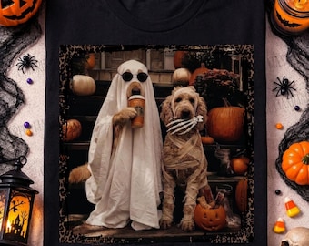 Funny Halloween Dogs Png, Golden Retriever Ghost & Poodle Mummy Sublimation Design,Spooky Season  Graphic, Fall Coffee Digital Download