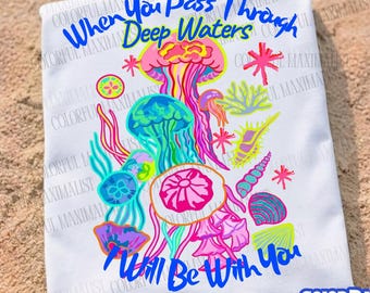 When You Pass Through Deep Waters PNG | Isaiah 43:2 Christian Ocean Scripture Design| Coastal Religious Clipart| Faith Based Download