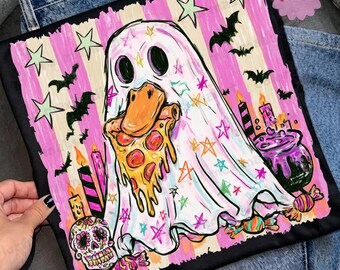 Funny Ghost Eating Pizza PNG, Colorful Preppy Halloween Season Graphic,  Stripes Spooky Anmals Sublimation, (Digital Download)