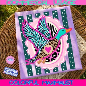 May include: A light purple fabric featuring a central graphic of a flying duck with teal zebra-striped wings and a leopard-print body with a pink heart. The duck is framed by a scalloped pink border against dark green vertical polka-dot stripes.