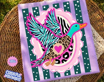 Flying Mallard Duck Png, Colorful Preppy Hunting Season Graphic,  Stripes and Dots Sublimation, Trendy Back To School Png (Digital Download)
