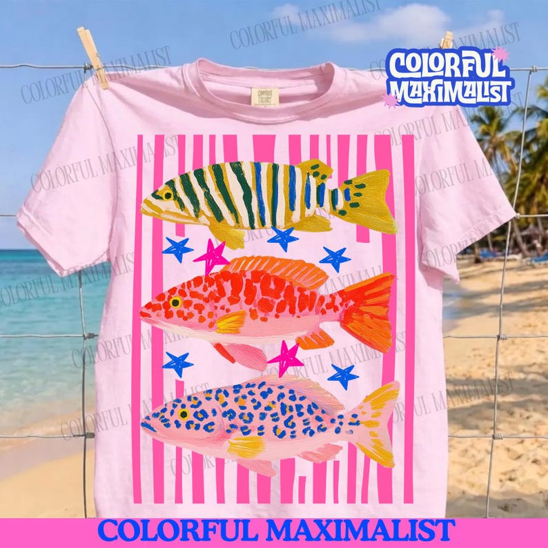 Preppy Fish Png| Female Fishing Png | Colorful Maximalist Sublimation |Summer Vacation Png, Funny Beach Png|Girls Fish Too| image 1