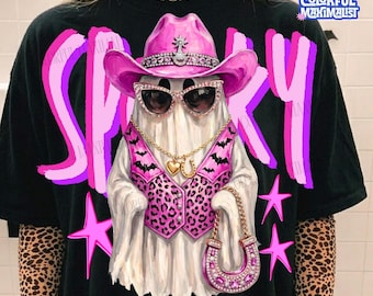 Leopard Cowgirl  Ghost Halloween Png Design, Trendy Fall Shirt Graphic , Brushstroke Halloween Sublimation, Girly Spooky Season Shirt Design