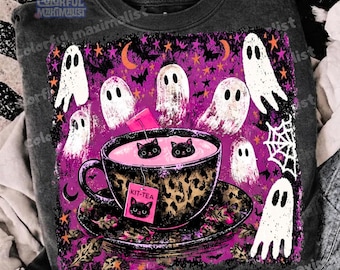 Halloween Ghost and Cat PNG, A Gift For a Halloween Cat Mom Sublimation Design, Girly BOO Shirt PNG (Digital Download )