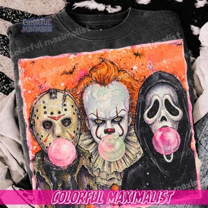 Jason, Gostface, Pennywise Blowing Bubble PNG, Creepy Horror Movie shirt PNG, Vintage Halloween PNG