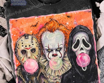 Jason, Gostface, Pennywise Blowing Bubble PNG, Creepy Horror Movie shirt PNG, Vintage Halloween PNG