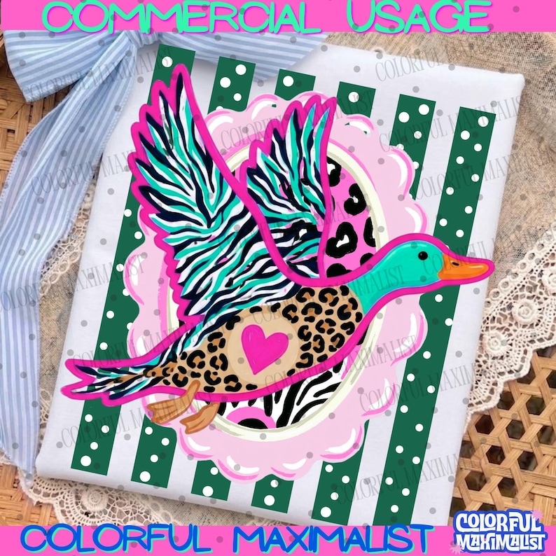 May include: A rectangular fabric panel featuring a flying duck graphic with a leopard print body, a bright pink heart, and zebra-striped wings. The duck is centered over a pink scalloped circle and a dark green background with white polka dots.