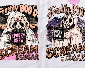Freshly Boo’d Coffee PNG, Halloween Sublimation Design For A Coffee Lover, Horror Characters PNG, ( Digital Download)