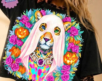 Preppy Leopard  Ghost Png , Brushstroke Halloween Sublimation, Girly Spooky Season  Design,  Colorful  Halloween Shirt Png, Pastel Paint Png