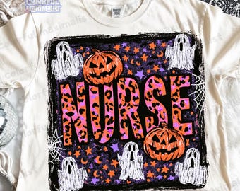 Retro Halloween  Nurse Shirt Png, Hand Draw Ghost  CNA Png, Preppy RN Shirt Design  (Digital Download)