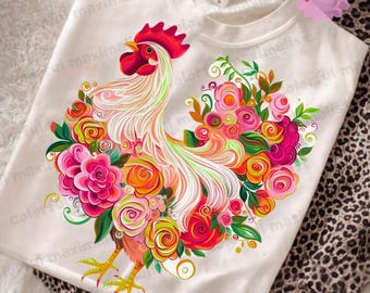 Floral Chicken Png, Chicken Art| Hand Painted PNG, Brushstroke Png, Rooster Png, PNG |Vintage Chicken Png |  Easter Chicken Sublimation PNG