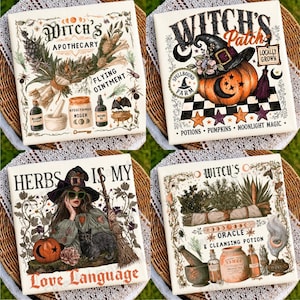 May include: Four square decorative tiles featuring witch-themed illustrations. Designs include a botanical apothecary, a pumpkin patch with a witch hat, a person with a black cat and broom, and a collection of herbs with cleansing potions.