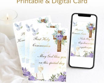 Elegant First Holy Communion Card Set Printable, Editable Digital Download, English Polish Template