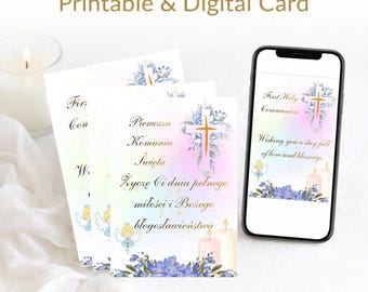 Printable First Holy Communion Card Set, Editable Template, Digital Download, English Polish Version