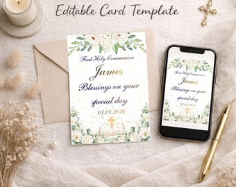 First Holy Communion Printable Template, Editable Canva Card, Instant Download