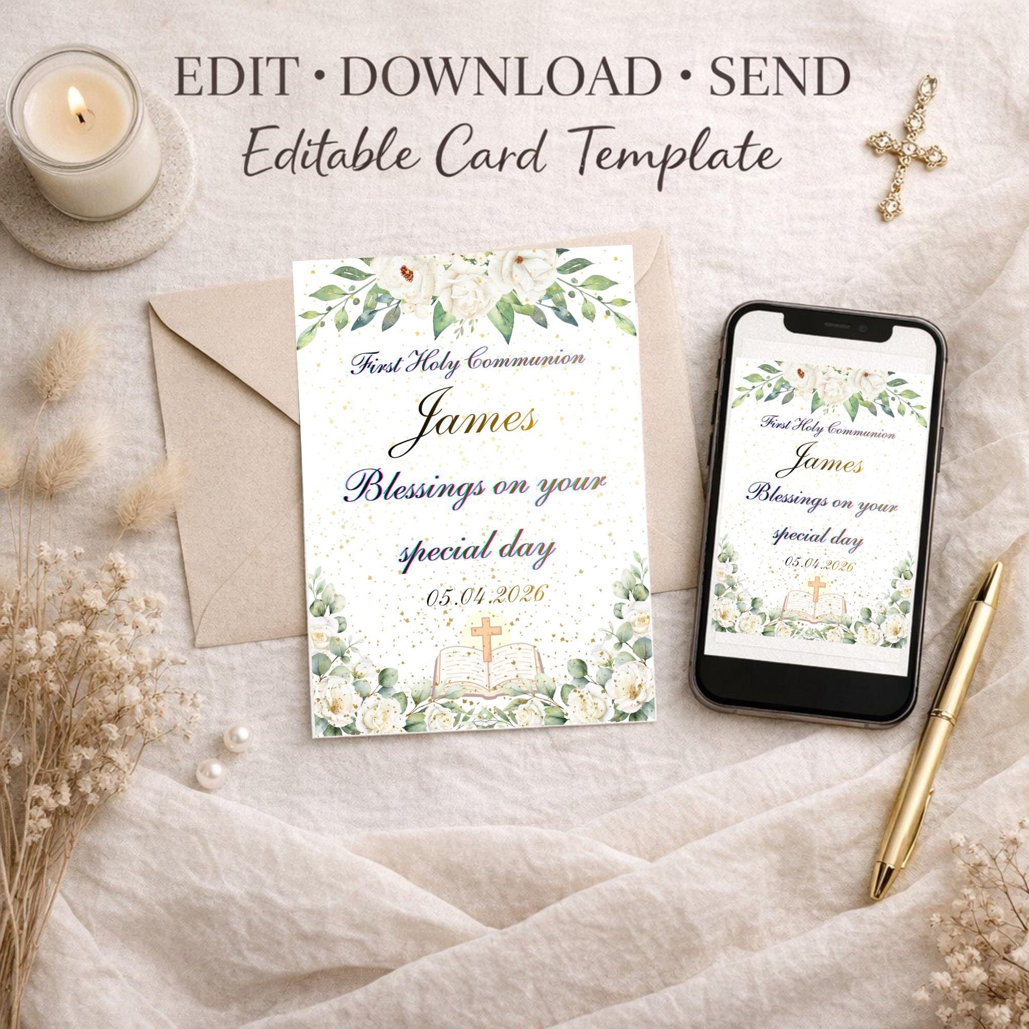 First Holy Communion Printable Template, Editable Canva Card, Instant ...