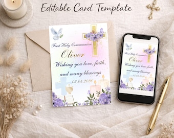 First Holy Communion Card Template, Editable Canva Card, Printable, Instant Download