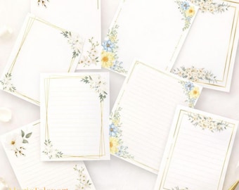 Set di carta da lettere romantica – 4 motivi floreali, 8 fogli da lettere – Cancelleria digitale stampabile