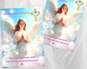 Angel Christening Card Set, Editable Name Version + Fixed Blessing, Printable Download
