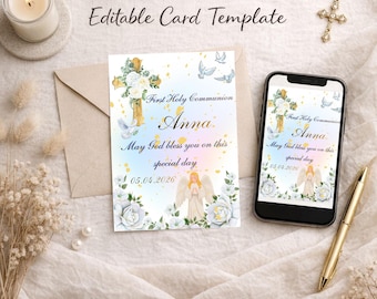 Editable First Holy Communion Card, Canva Template, Printable Card, Instant Download