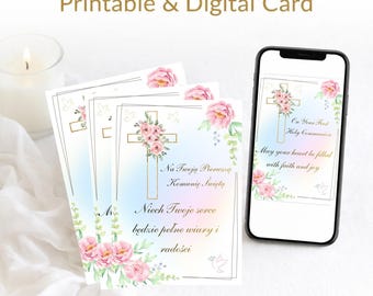 First Holy Communion Card Set Printable, Editable Digital Card, English Polish Blank Template