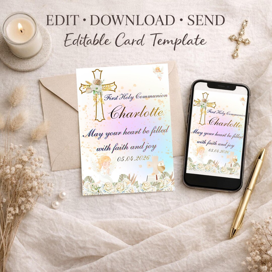First Holy Communion Canva Template, Editable Card, Printable, Instant ...