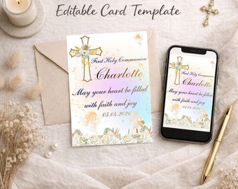 First Holy Communion Canva Template, Editable Card, Printable, Instant Download