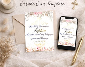 Editable Communion Card Template, Canva Printable Card, Instant Download