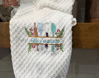 Personalized Embroidered Kitchen Utensil Dish Towel | Custom Name Cotton Tea Towel