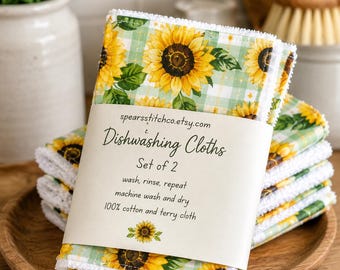 Sunflower Dishwashing Cloths Set of 2 | Reusable Cotton Terry Dish Cloths | Eco-Friendly Kitchen Cleaning Cloths | Handmade Kitchen Gift